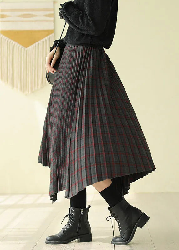 Chocolate Elastic Waist Asymmetrical Design Plaid Cotton Skirt Fall