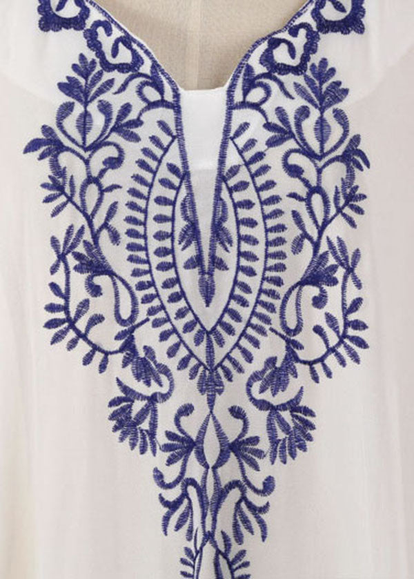 Blue Embroidered Chiffon Beach Gown Summer Dress