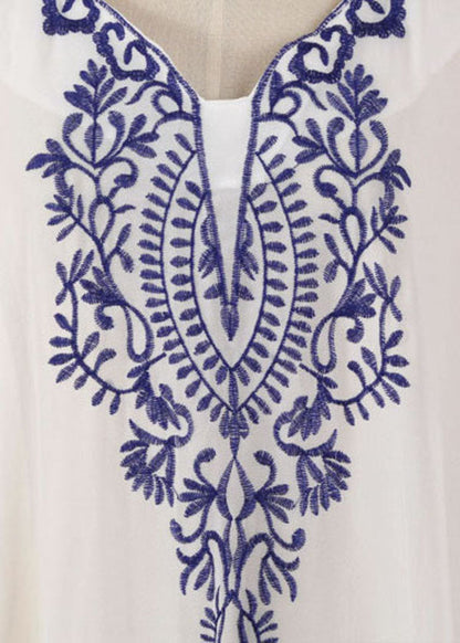 Blue Embroidered Chiffon Beach Gown Summer Dress
