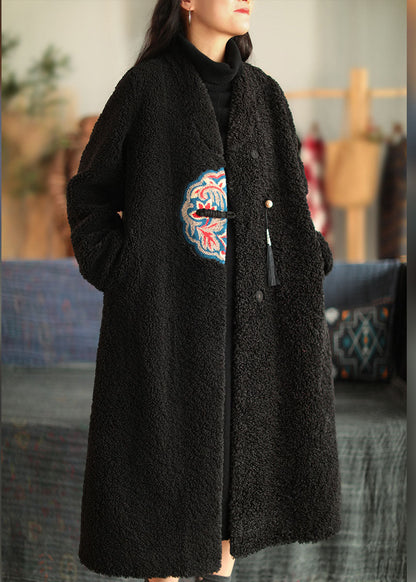 Unique White V Neck Embroidered Patchwork Winter Thick Coats Wool Overcoat