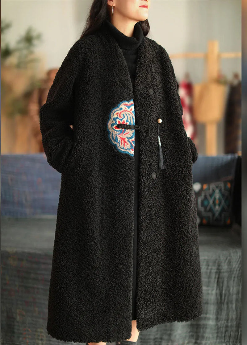 Unique White V Neck Embroidered Patchwork Winter Thick Coats Wool Overcoat