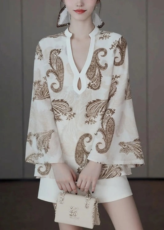 Original Design Beige V Neck Print Shirt Fall