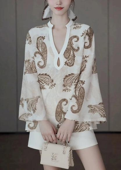 Original Design Beige V Neck Print Shirt Fall
