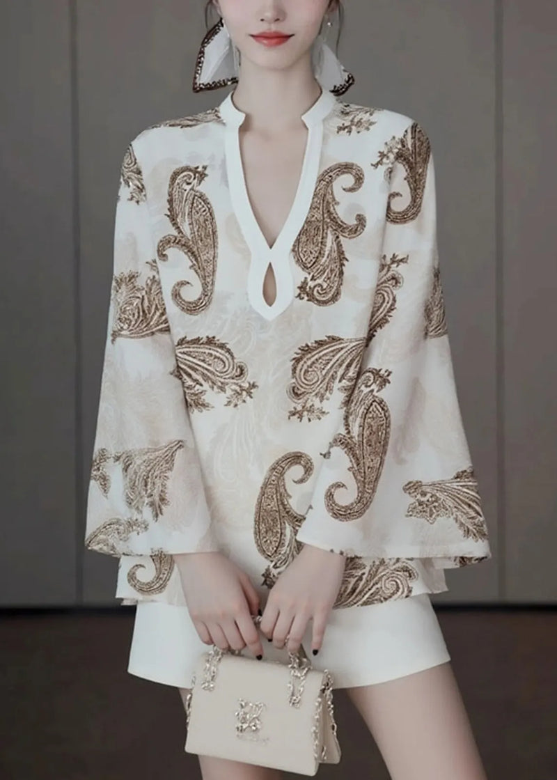 Original Design Beige V Neck Print Shirt Fall