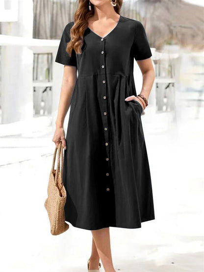 Loose Cotton Linen V-neck Single-row Multi-button Short-sleeved Large Yards Wind Dress