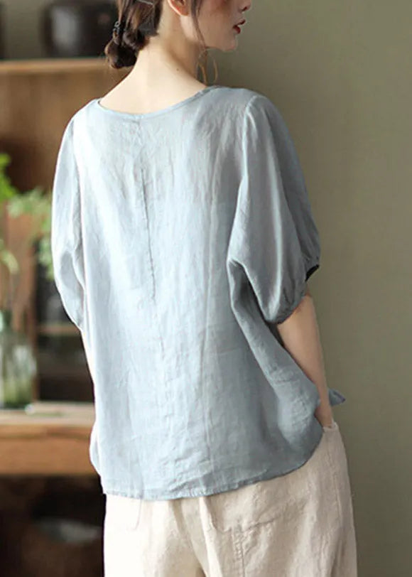 Brief Dusty Blue O-neck Embroidered Lace Up Linen Tops Half Sleeve