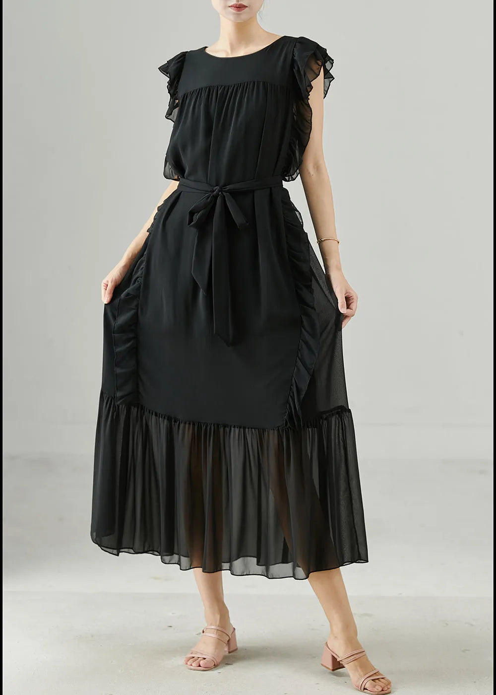 Diy Black Ruffled Tie Waist Chiffon Robe Dresses Summer