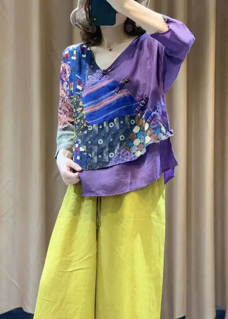 Purple Chinese Button Print Patchwork Cotton Shirt Tops Summer