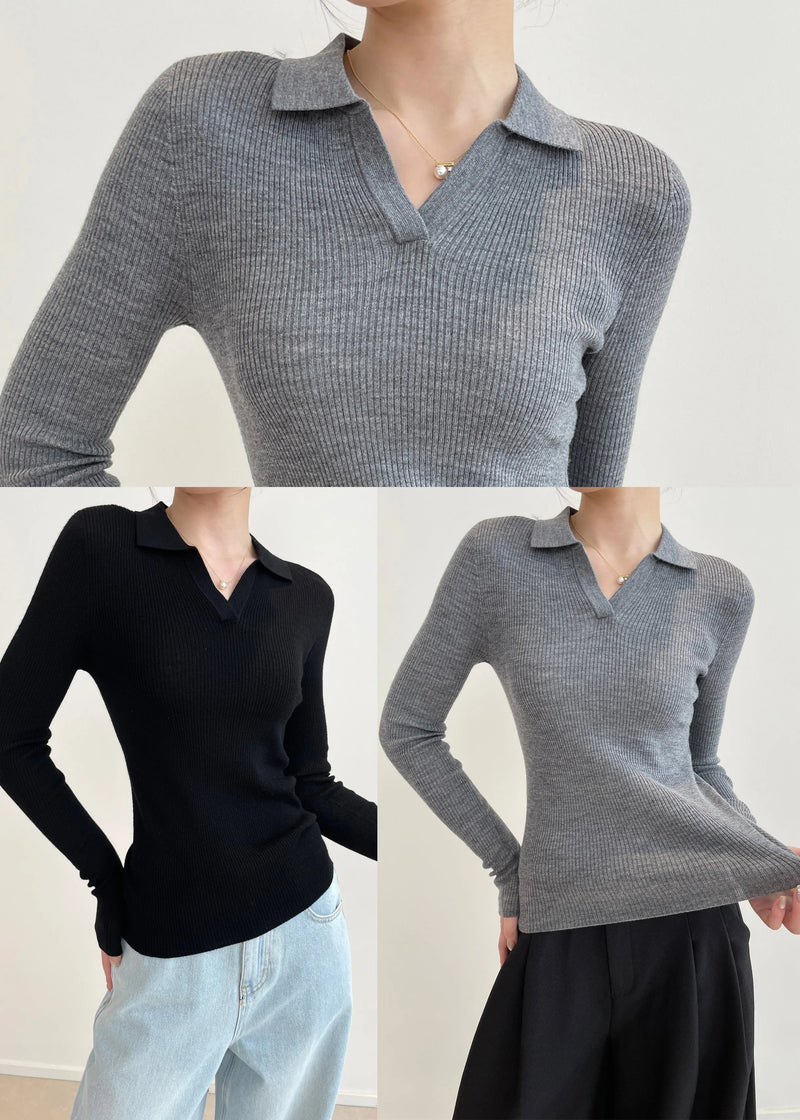 Black V Neck Silm Fit Knit Tops Spring