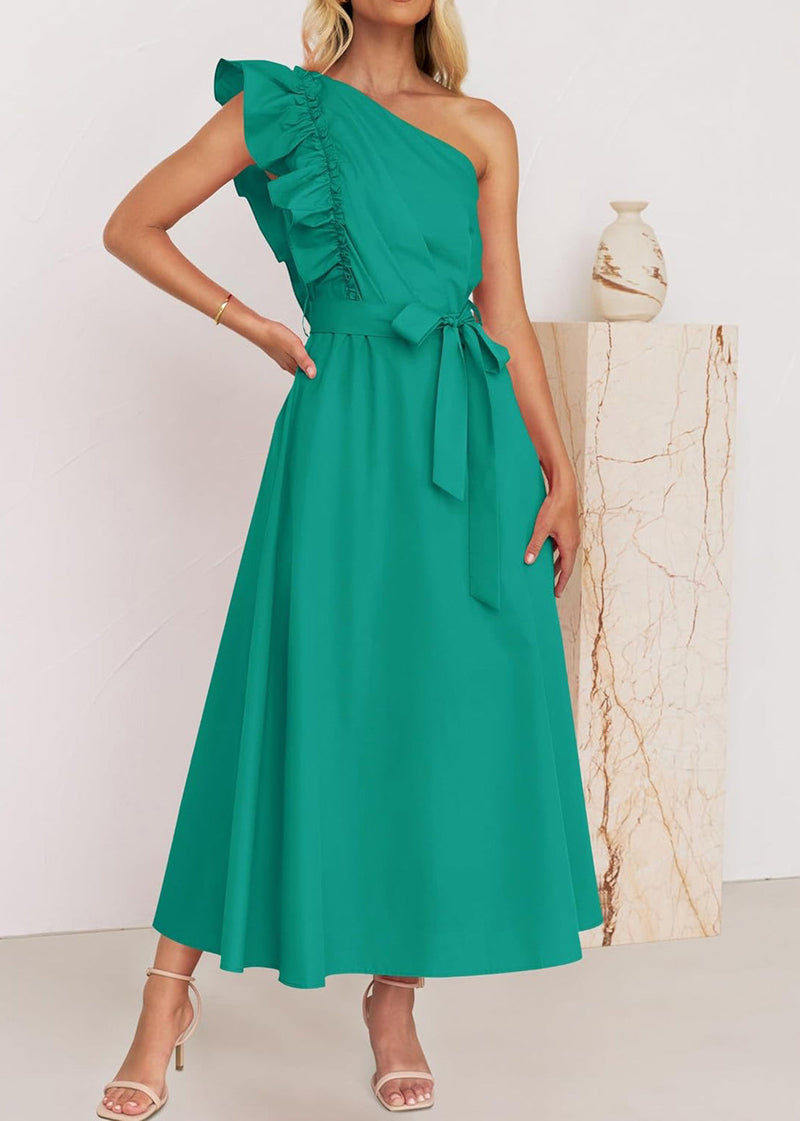 Green Ruffled Tie Waist Cotton Long Dress Summer
