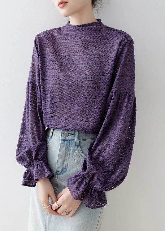 New Purple Hollow Out Patchwork Cotton T Shirt Tops Lantern Sleeve