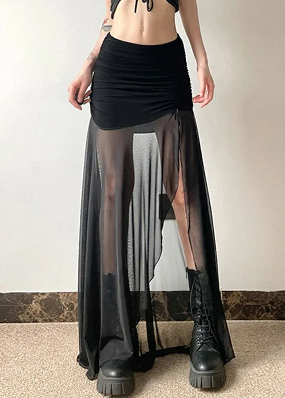 Black Elastic Waist Wrinkled Tulle Patchwork Maxi Skirt Summer