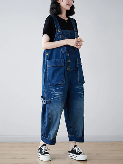 Spliced Washed Denim Loose Jumpsuits