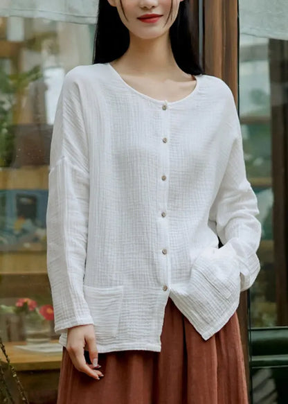Handmade White O Neck Button Pockets Cotton Shirt Tops Spring
