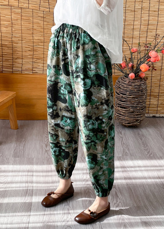 Green Elastic Waist Crop Print Pants