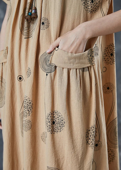 Khaki Print Pockets Cotton Holiday Dress Summer