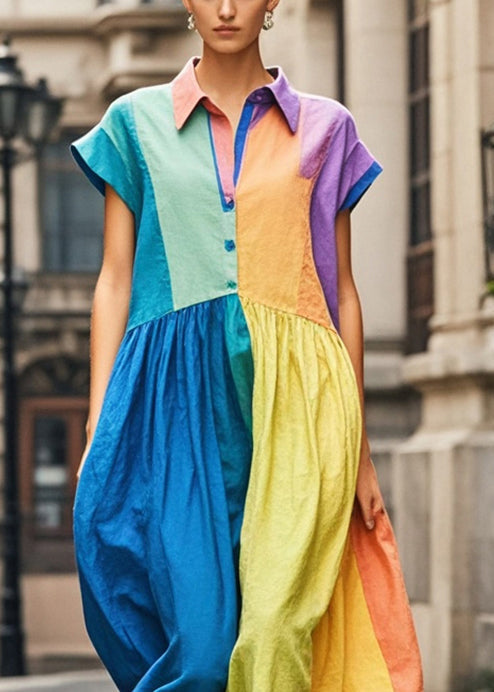 Colorblock Peter Pan Collar Patchwork Cotton Long Dress Sleeveless