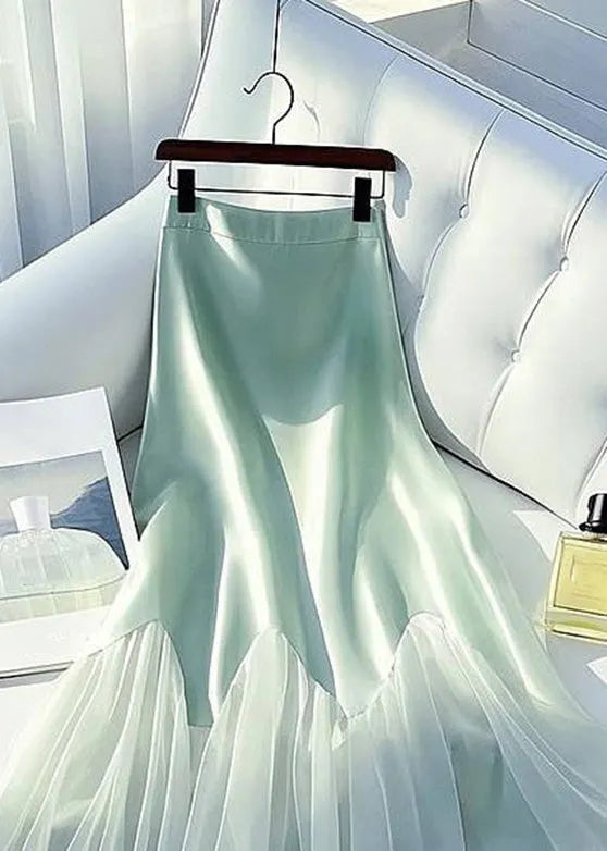 Art Light Green High Waist Tulle Patchwork Silk Maxi Skirt Summer