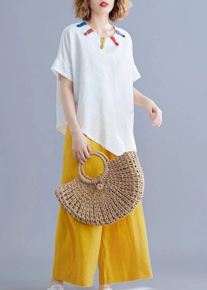 French O Neck Asymmetric Linen Cotton Tunic Top Brown Cotton Top Summer