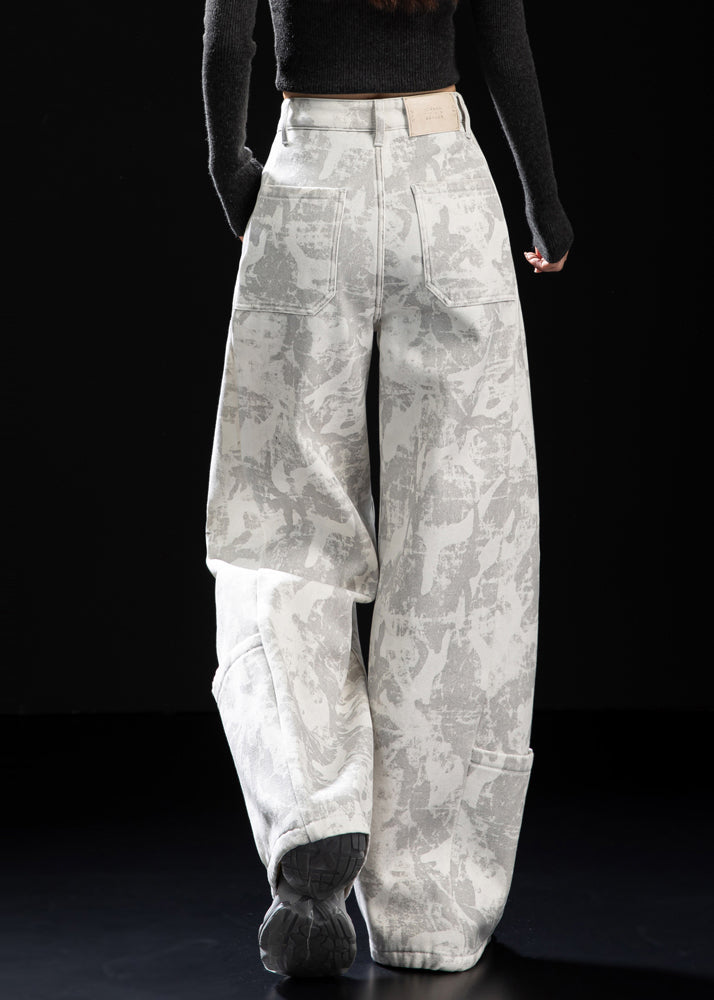 Italian White Tie Dye Patchwork Pockets Warm Fleece Pants Winter