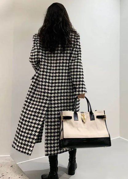 Classy Notched Pockets Double Breast Plaid Woolen Coat Fall