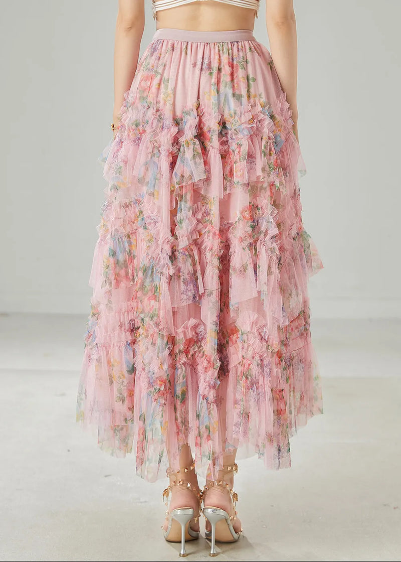 Pink Ruffled Print Tulle Holiday Skirt Summer