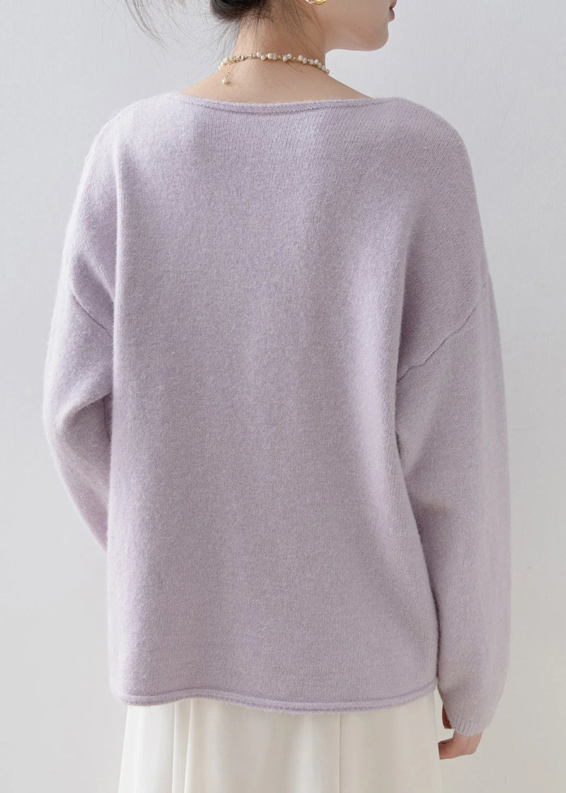 Purple O Neck Sequins Zircon Knit Top Spring