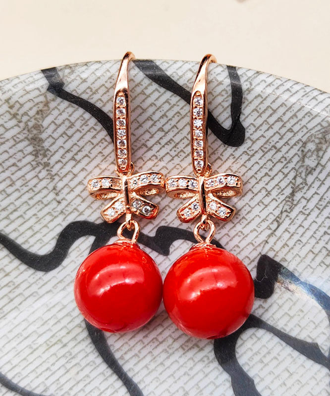Red Sterling Silver Overgild Zircon Butterfly Ball Drop Earrings