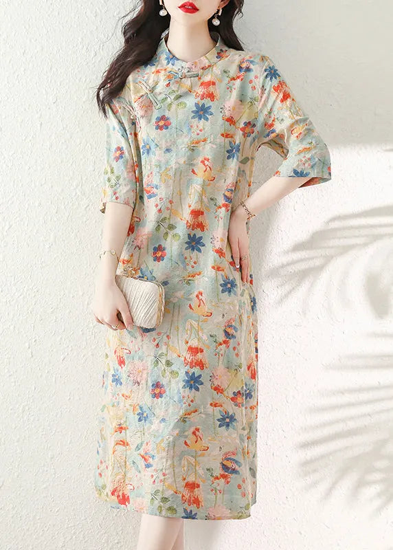 Stand Collar Print Chinese Button Cotton Dress Summer