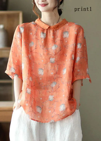 Diy Grey Print5 Ramie Half Sleeve Shirt Summer