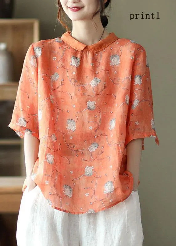 Diy Orange Print3 Ramie Half Sleeve Shirt Summer