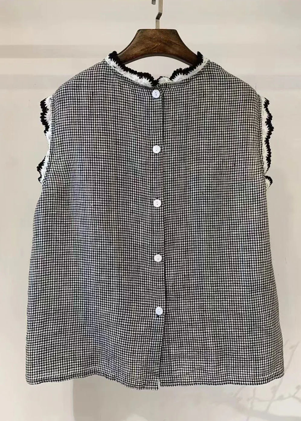 Back Button Down Patchwork Lace Linen Tops Sleeveless