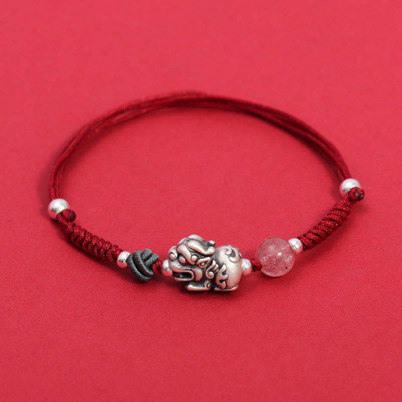 Buddha Stones 999 Sterling Silver Pixiu Strawberry Quartz Bead Wealth Luck Braided Bracelet