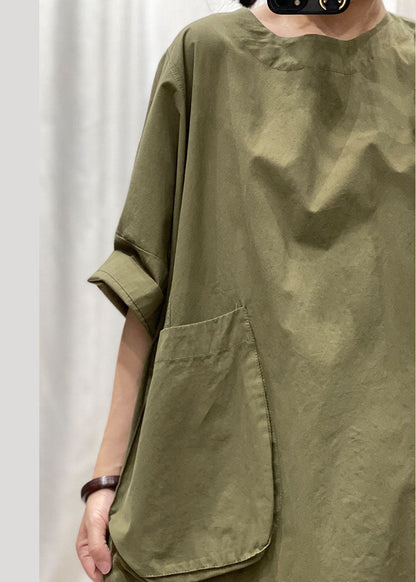 Army Green O Neck Pockets Patchwork Cotton Mid Dress Summer