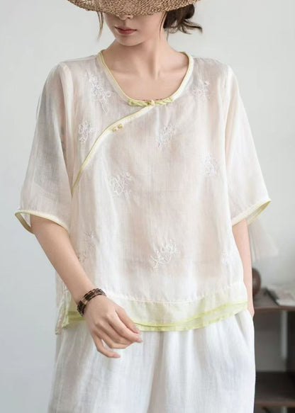 Beige Embroidered Patchwork Linen Oriental Shirt Summer