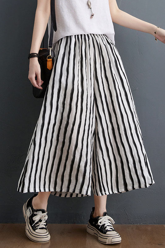 Summer Vertical Stripes Tencel Cotton Wide-leg Cropped Trousers