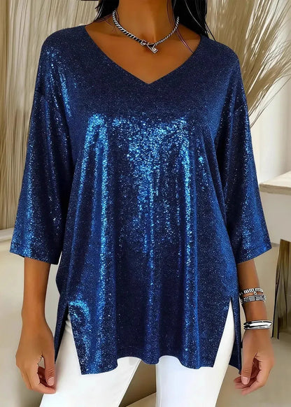 French Blue V Neck Side Open Polyester Blouse Tops Spring