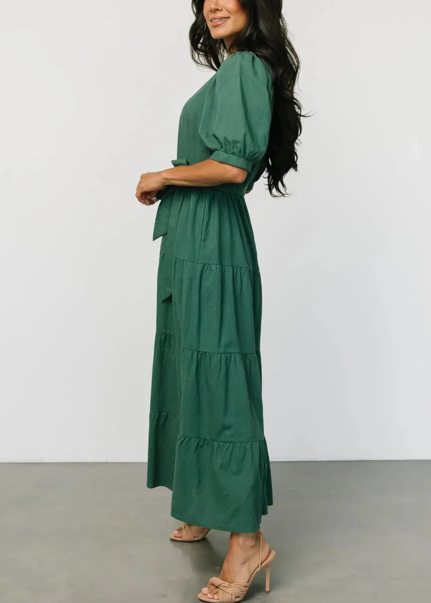 New Blackish Green Tie Waist Cotton Dress Short Sleeve