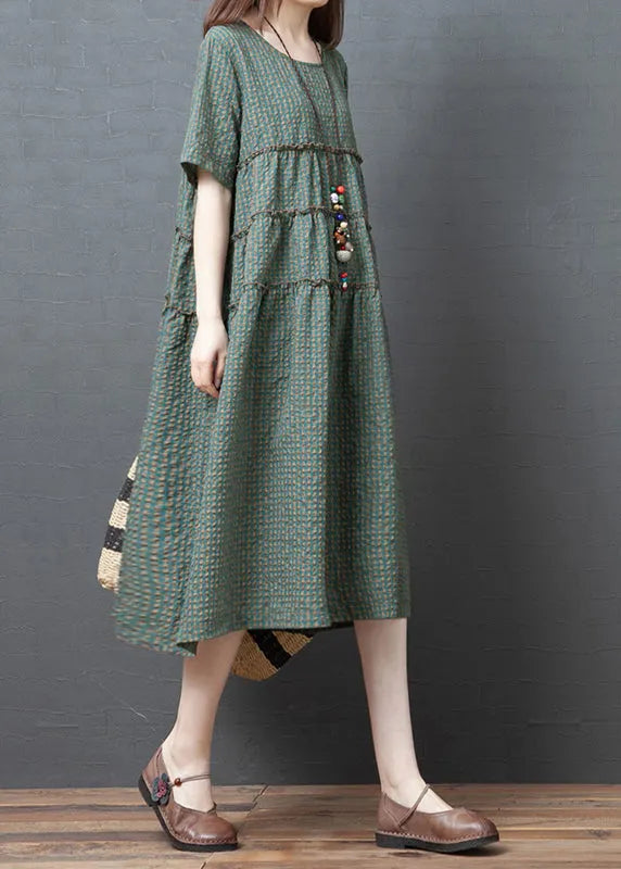 Green Plaid O-neck Wrinkled Patchwork Linen Party Dress Short Sleeve