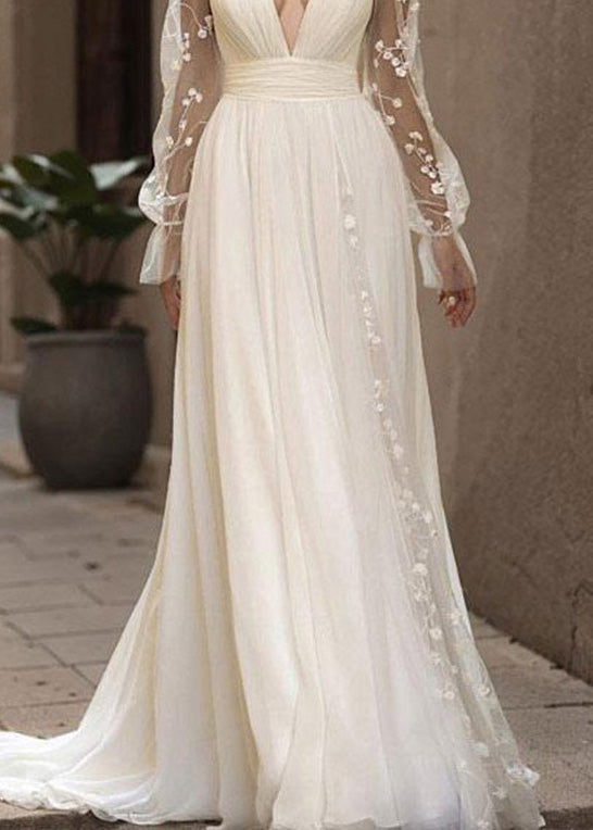 French White V Neck Backless Chiffon Robe Dresses Summer