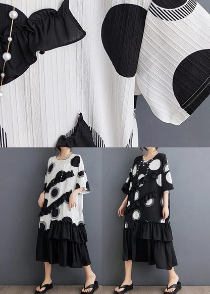 Black O Neck Ruffled Patchwork Chiffon Dress Summer