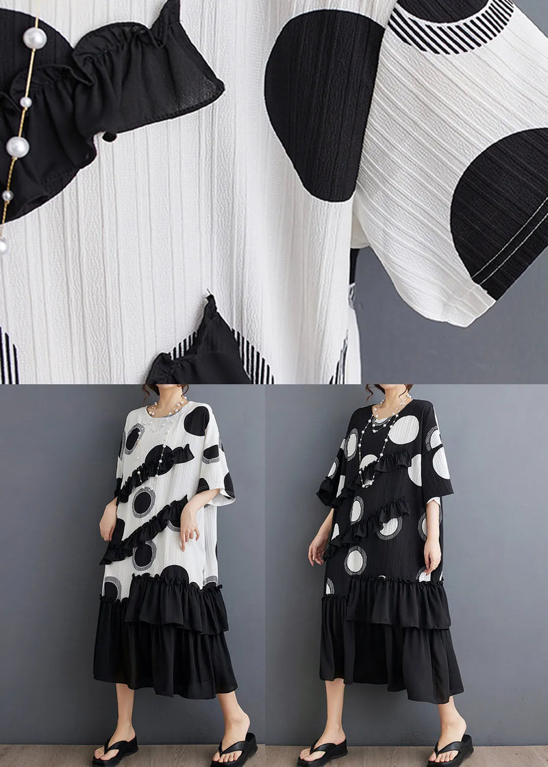 Black O Neck Ruffled Patchwork Chiffon Dress Summer