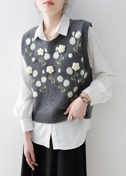 Dark Grey O Neck Knit Vest Sleeveless
