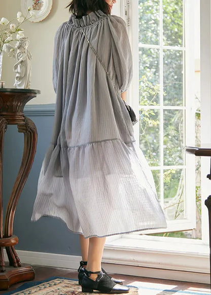 Grey Purple Ruffled Lace Up Patchwork Cotton Dress Summer