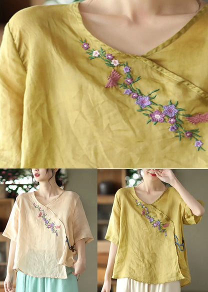 Unique Yellow V Neck Embroidered Linen T Shirt Half Sleeve