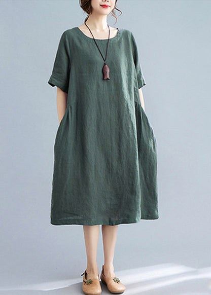 Handmade Green Wrinkled Linen Vacation Dresses Short Sleeve