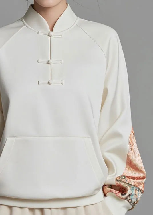 Loose White Print Pockets Cotton Pullover Sweatshirt Fall