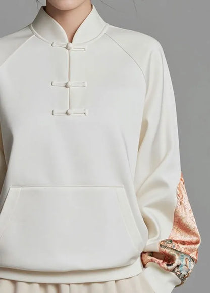 Loose White Print Pockets Cotton Pullover Sweatshirt Fall