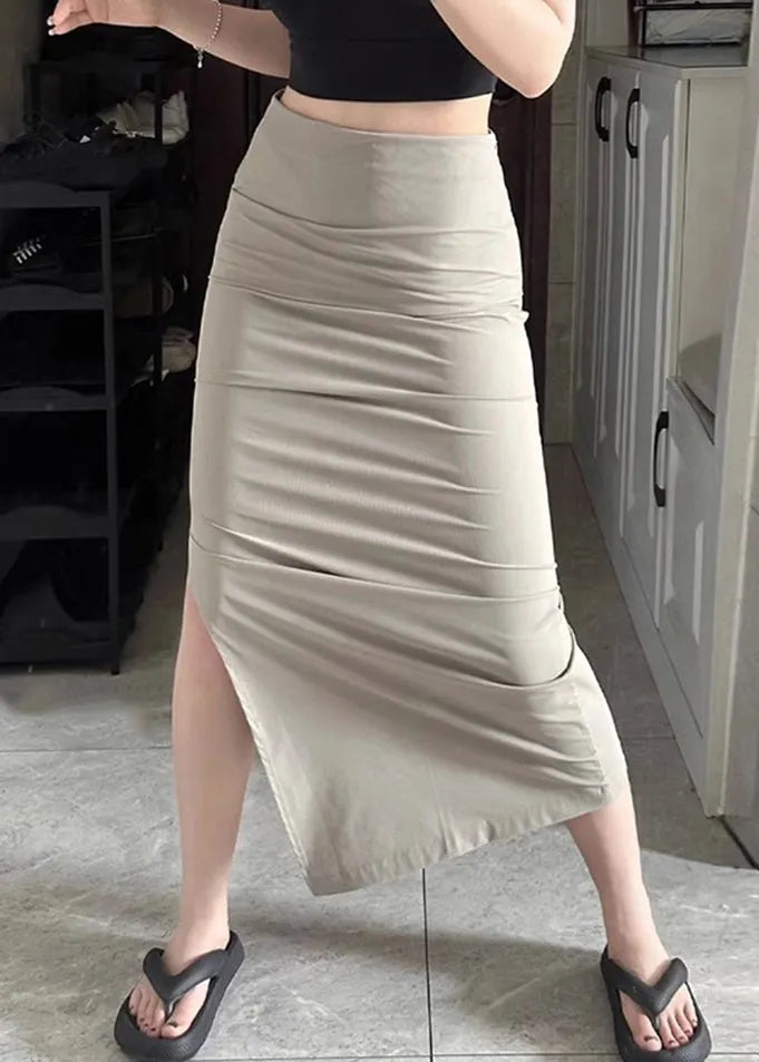 Slim Fit Khaki Side Open High Waist Cotton Skirts Summer