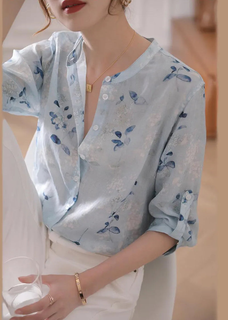 Light Blue Print Linen Top Bracelet Sleeve